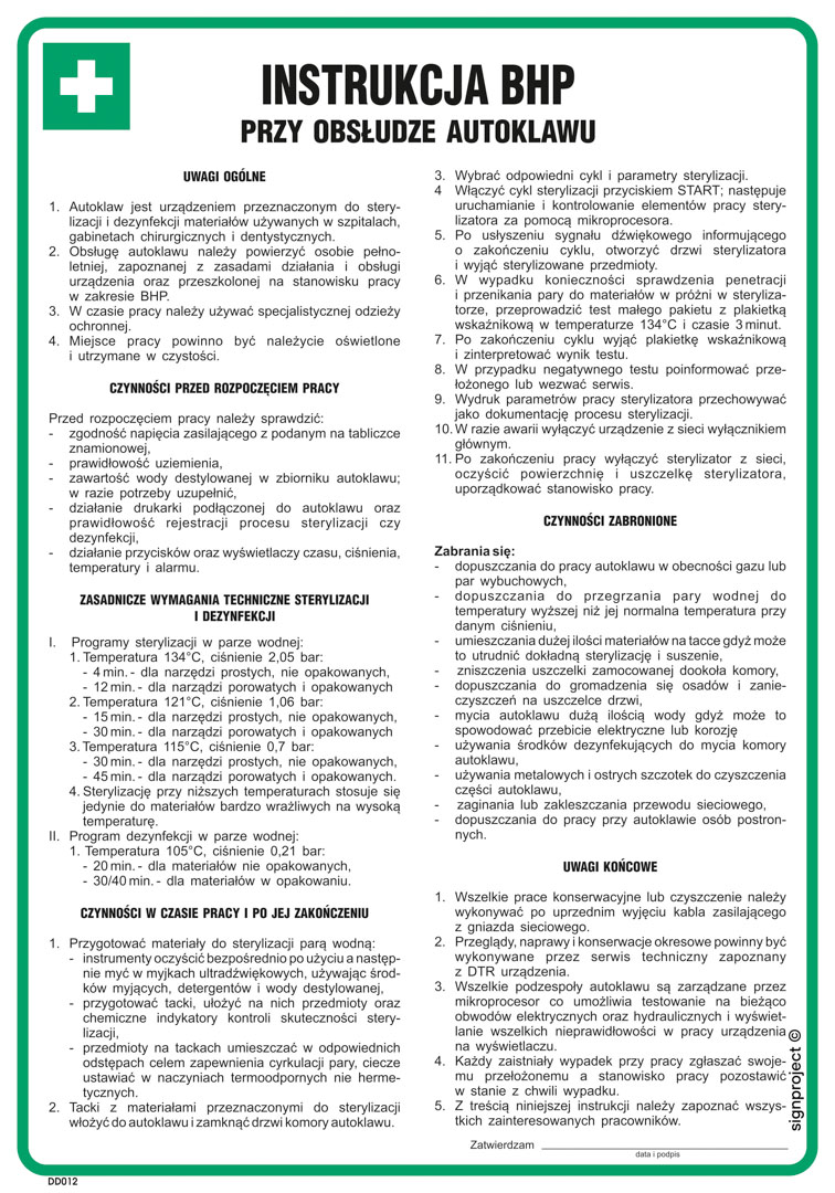 DD012 INSTRUKCJA BHP PRZY OBSŁUDZE AUTOKLAWU, HN - PŁYTA ELASTYCZNA 0,4MM; (245X350MM)