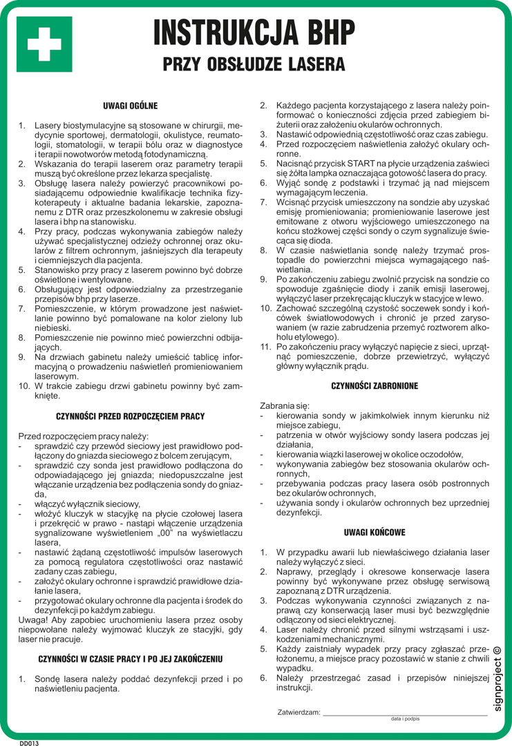 DD013 INSTRUKCJA BHP PRZY OBSŁUDZE LASERA, HN - PŁYTA ELASTYCZNA 0,4MM; (245X350MM)