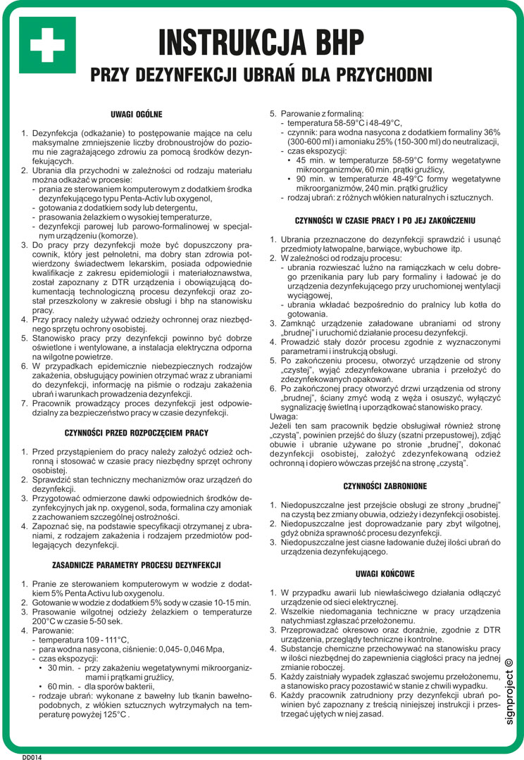 DD014 INSTRUKCJA BHP PRZY DEZYNFEKCJI UBRAŃ DLA PRZYCHODNI, FN - FOLIA SAMOPRZYLEPNA; (245X350MM)