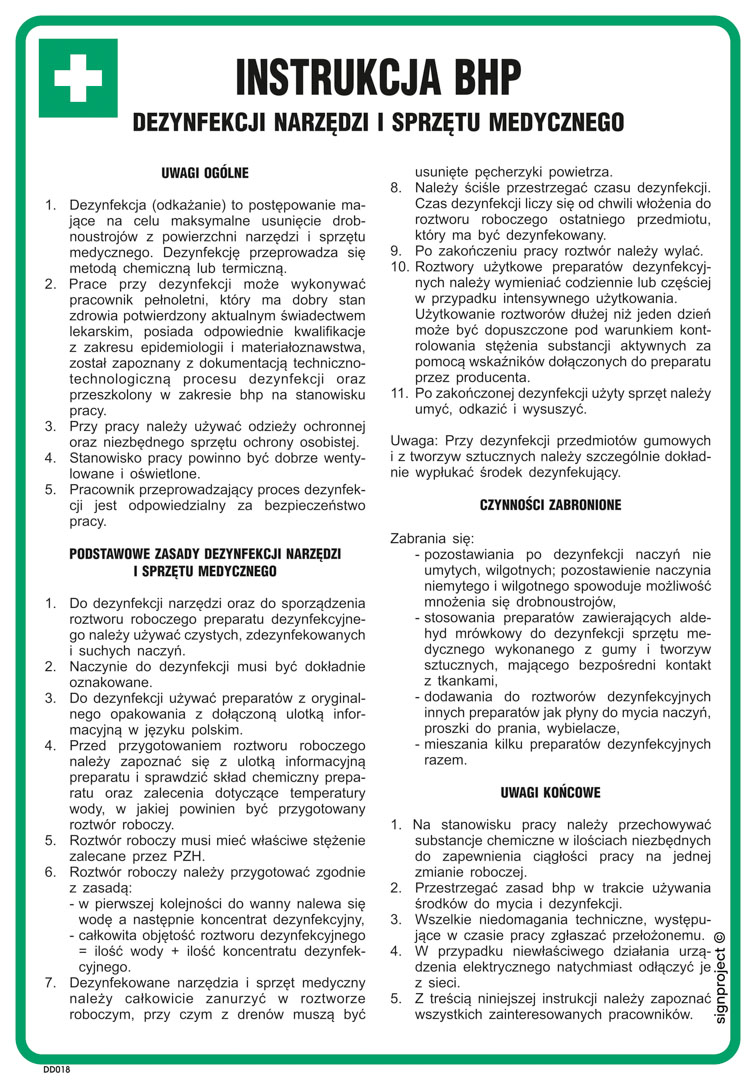 DD018 INSTRUKCJA BHP DEZYNFEKCJI NARZĘDZI I SPRZĘTU MEDYCZNEGO, FN - FOLIA SAMOPRZYLEPNA; (245X350MM)
