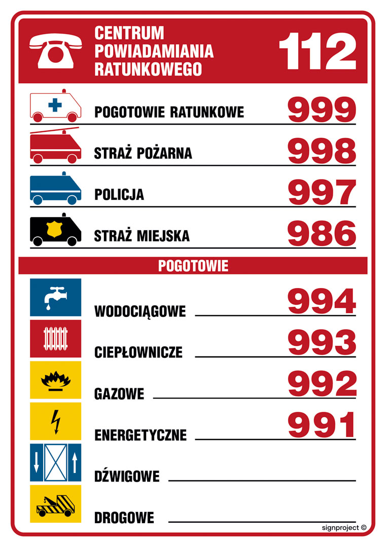 DA001 TABLICZKA TELEFONÓW ALARMOWYCH, PN - PŁYTA PCV 1MM; (105X148MM)