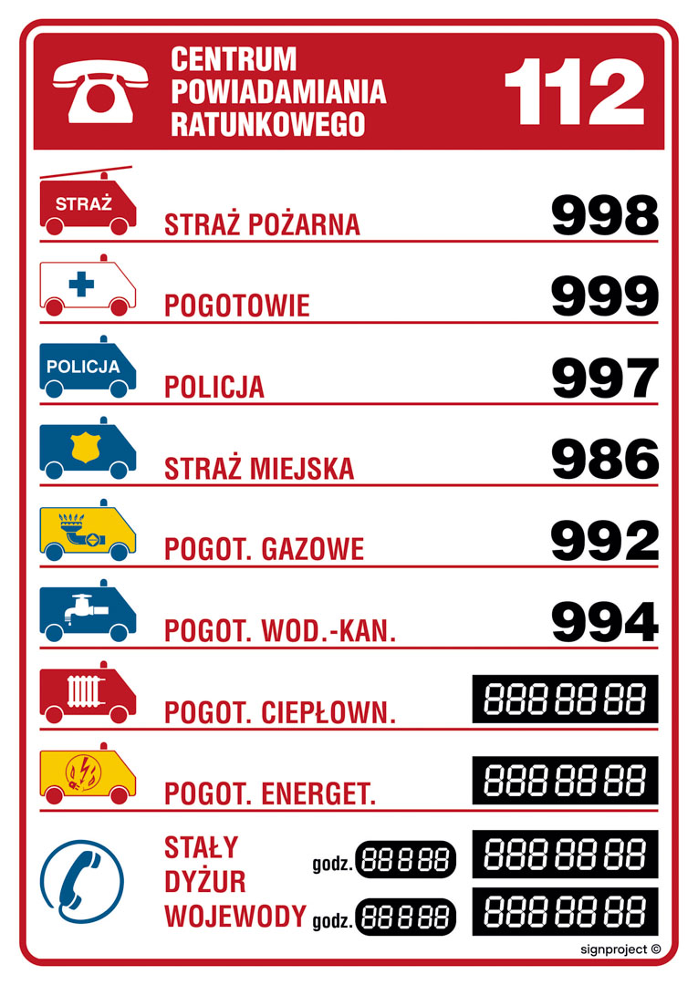 DA002 TABLICZKA TELEFONÓW ALARMOWYCH, PN - PŁYTA PCV 1MM; (297X420MM)