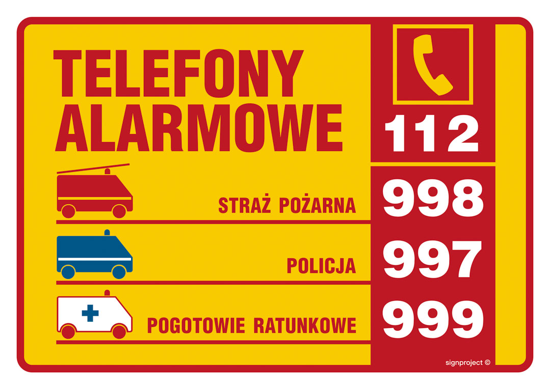 DA003 TABLICZKA TELEFONÓW ALARMOWYCH, PN - PŁYTA PCV 1MM; (148X105MM)