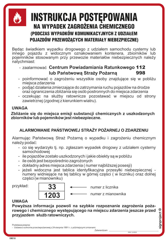 DB018 INSTRUKCJA POSTĘPOWANIA NA WYPADEK ZAGROŻENIA CHEMICZNEGO, HN - PŁYTA ELASTYCZNA 0,4MM; (245X350MM)