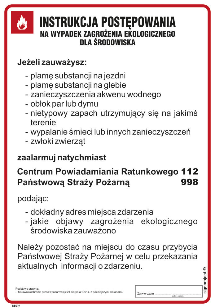 DB019 INSTRUKCJA POSTĘPOWANIA W RAZIE ZAGROŻEŃ EKOLOGICZNYCH, FN - FOLIA SAMOPRZYLEPNA; (245X350MM)