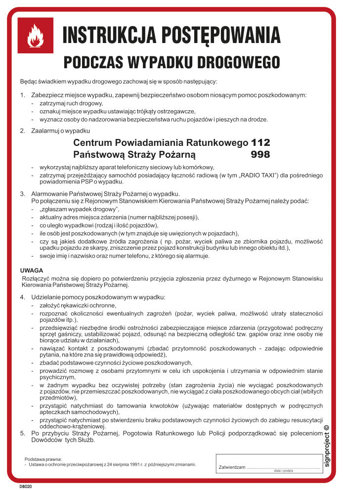 DB020 INSTRUKCJA POSTĘPOWANIA PODCZAS WYPADKU DROGOWEGO, FN - FOLIA SAMOPRZYLEPNA; (245X350MM)