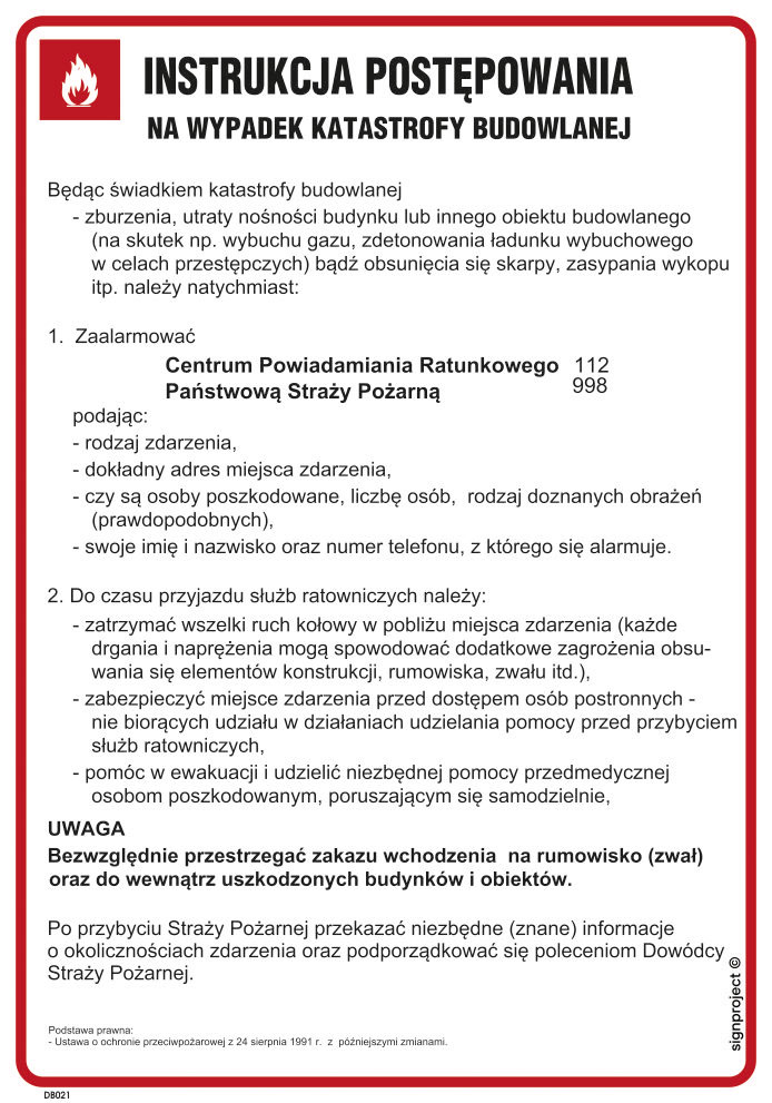 DB021 INSTRUKCJA POSTĘPOWANIA NA WYPADEK KATASTROFY BUDOWLANEJ, PN - PŁYTA PCV 1MM; (245X350MM)