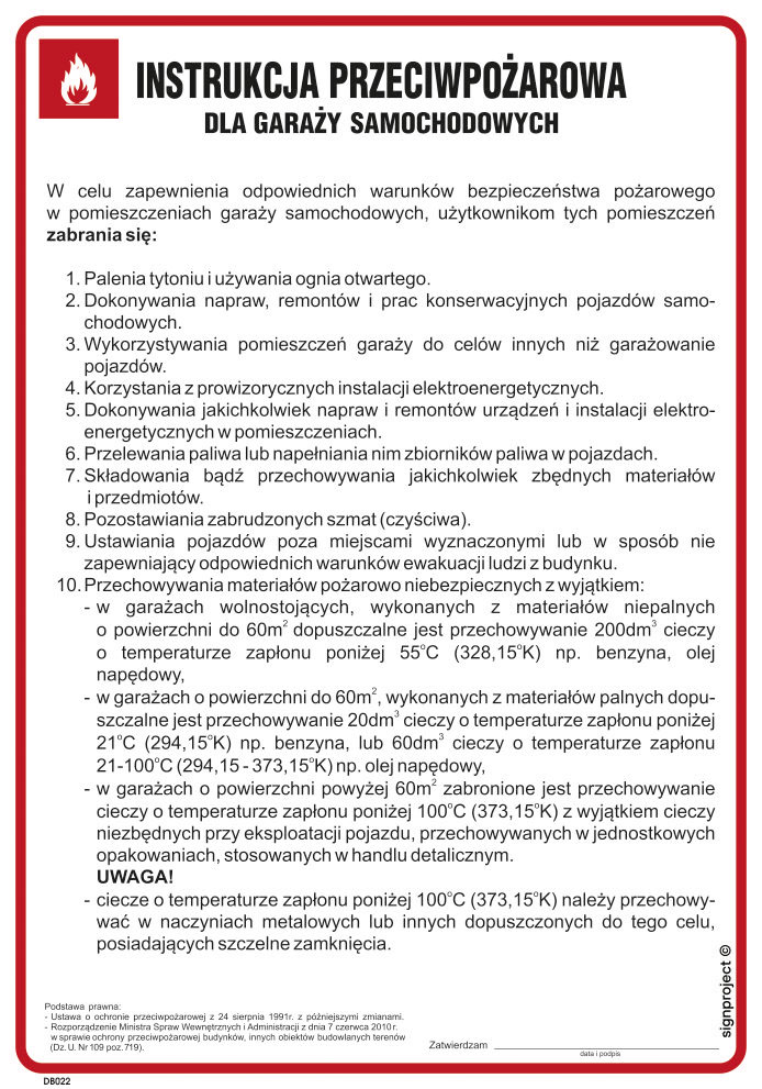 DB022 INSTRUKCJA PRZECIWPOŻAROWA DLA GARAŻY SAMOCHODOWYCH, PN - PŁYTA PCV 1MM; (245X350MM)