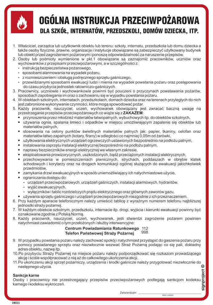DB023 OGÓLNA INSTRUKCJA PRZECIWPOŻAROWA DLA SZKÓŁ, PN - PŁYTA PCV 1MM; (245X350MM)
