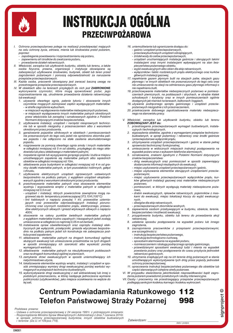 DB001 INSTRUKCJA OGÓLNA PRZECIWPOŻAROWA, FN - FOLIA SAMOPRZYLEPNA; (245X350MM)