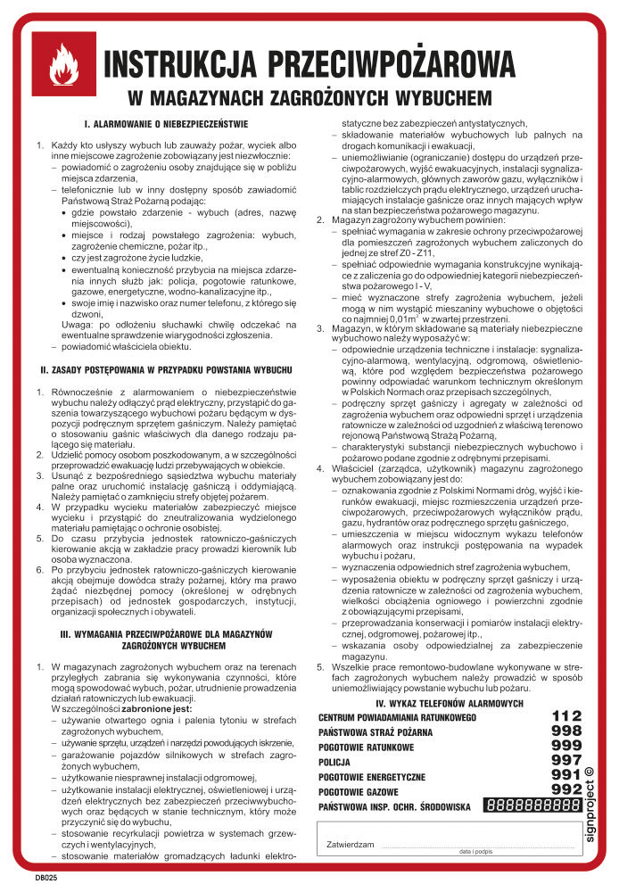 DB025 INSTRUKCJA PRZECIWPOŻAROWA W MAGAZYNACH ZAGROŻONYCH WYBUCHEM, HN - PŁYTA ELASTYCZNA 0,4MM; (245X350MM)
