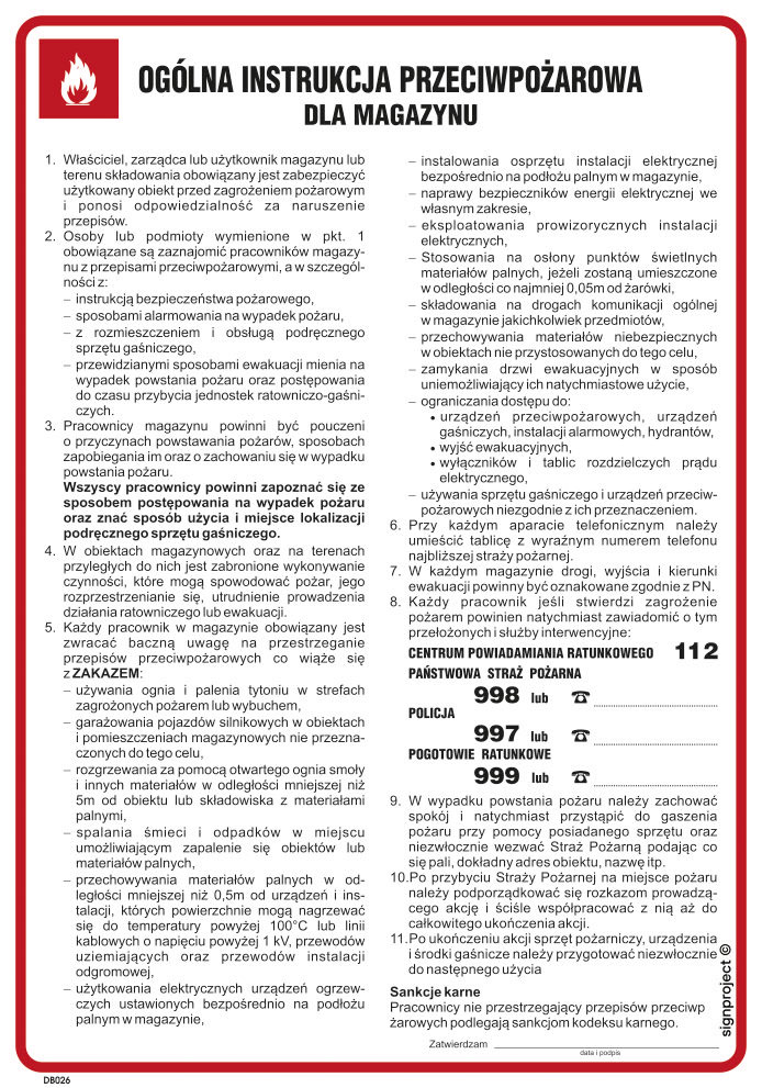 DB026 OGÓLNA INSTRUKCJA PRZECIWPOŻAROWA DLA MAGAZYNU, PN - PŁYTA PCV 1MM; (245X350MM)