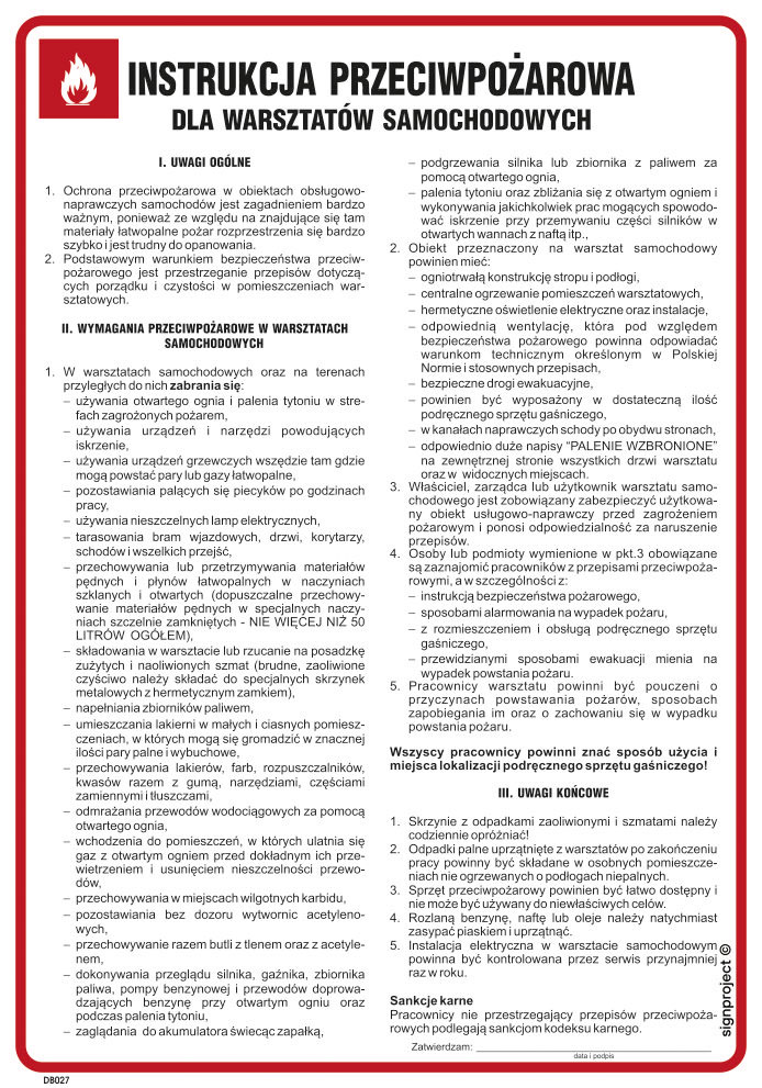 DB027 INSTRUKCJA PRZECIWPOŻAROWA DLA WARSZTATÓW SAMOCHODOWYCH, HN - PŁYTA ELASTYCZNA 0,4MM; (245X350MM)
