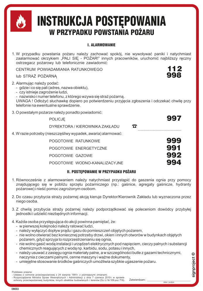 DB003 INSTRUKCJA POSTĘPOWANIA W PRZYPADKU POWSTANIA POŻARU, HN - PŁYTA ELASTYCZNA 0,4MM; (245X350MM)