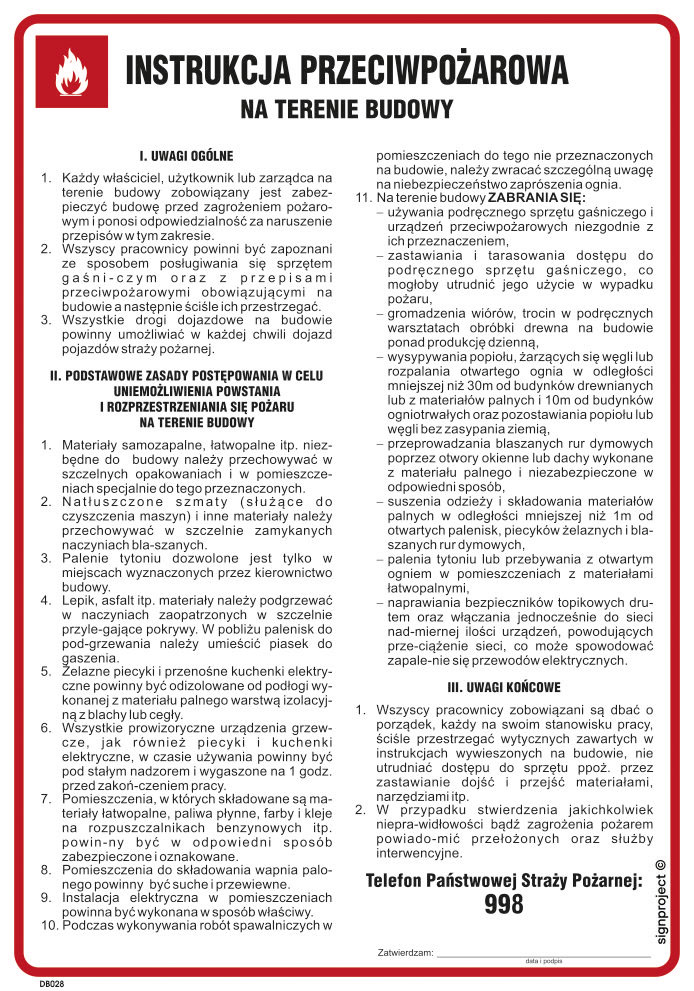DB028 INSTRUKCJA PRZECIWPOŻAROWA NA TERENIE BUDOWY, FN - FOLIA SAMOPRZYLEPNA; (245X350MM)