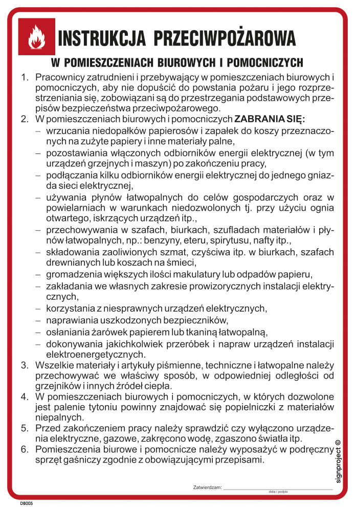 DB005 INSTRUKCJA PRZECIWPOŻAROWA W POMIESZCZENIACH BIUROWYCH I POMOCNICZYCH, FN - FOLIA SAMOPRZYLEPNA; (245X350MM)