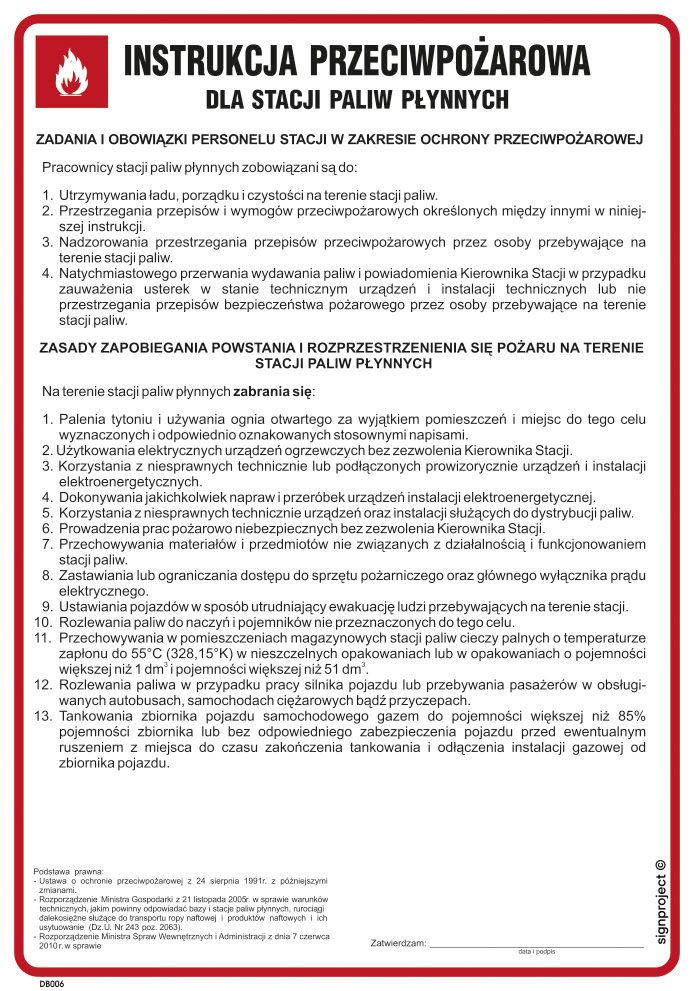 DB006 INSTRUKCJA PRZECIWPOŻAROWA DLA STACJI PALIW PŁYNNYCH, PN - PŁYTA PCV 1MM; (245X350MM)