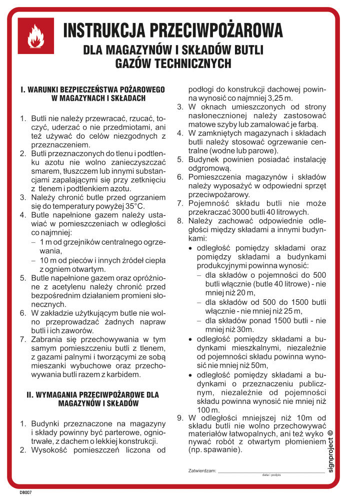 DB007 INSTRUKCJA PRZECIWPOŻAROWA DLA MAGAZYNÓW I SKŁADÓW BUTLI GAZÓW TECHNICZNYCH, HN - PŁYTA ELASTYCZNA 0,4MM; (245X350MM)