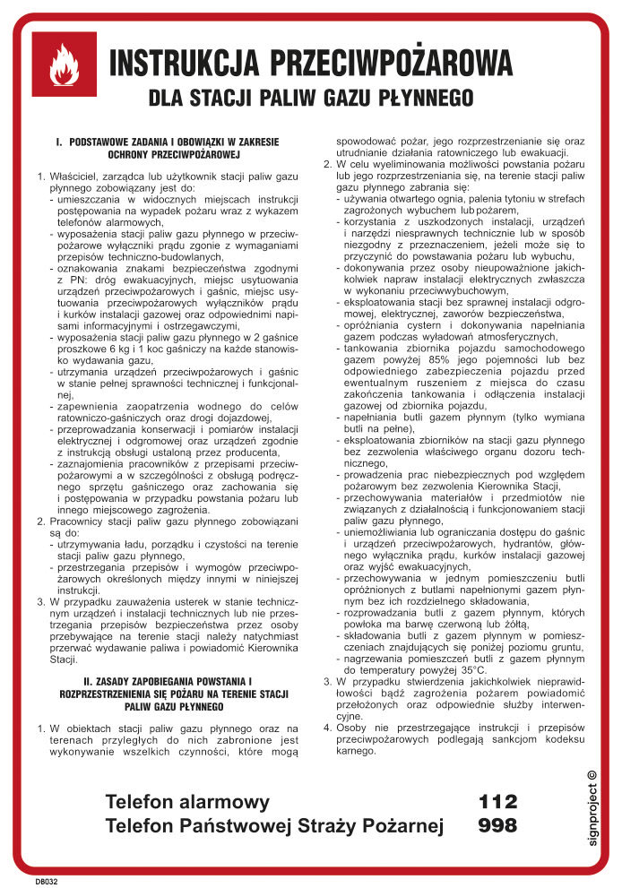 DB032 INSTRUKCJA PPOŻ. DLA STACJI PALIW GAZU PŁYNNEGO, FN - FOLIA SAMOPRZYLEPNA; (245X350MM)