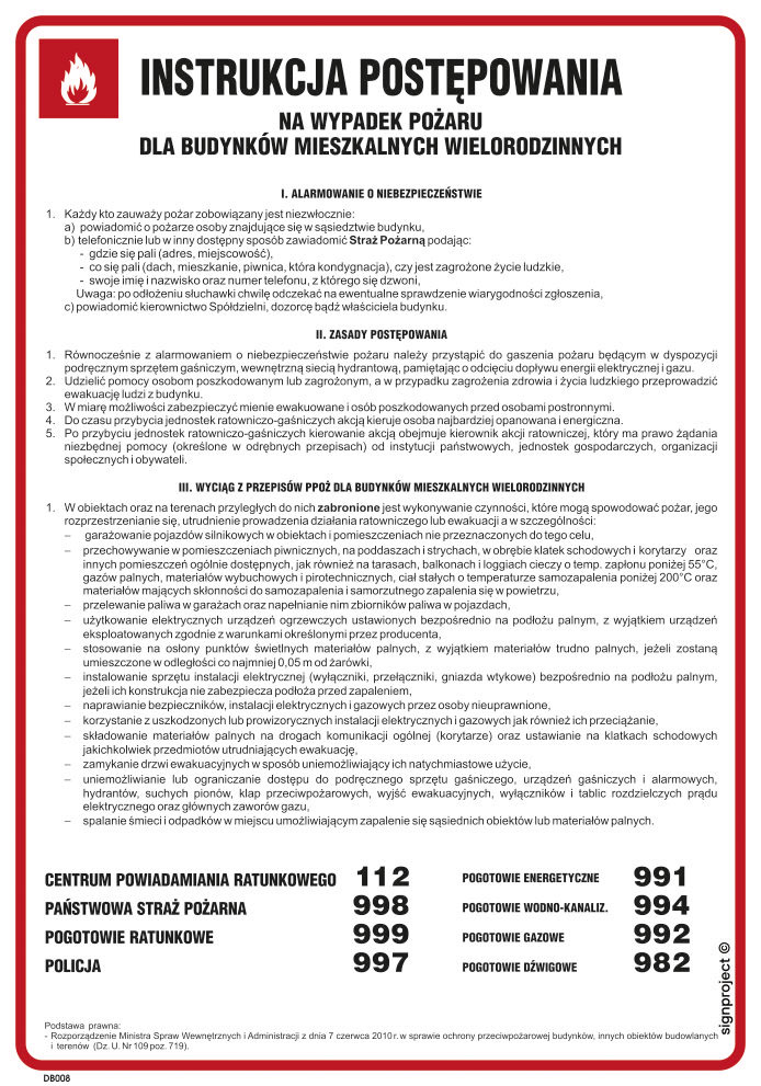 DB008 INSTRUKCJA POSTĘPOWANIA NA WYPADEK POŻARU DLA BUDYNKÓW MIESZKALNYCH, HN - PŁYTA ELASTYCZNA 0,4MM; (245X350MM)