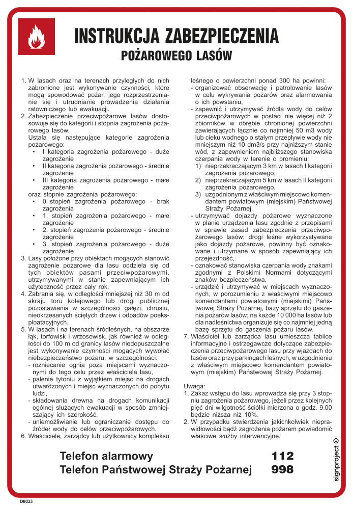 DB033 INSTRUKCJA ZABEZPIECZENIA PRZECIWPOŻAROWEGO LASÓW, PN - PŁYTA PCV 1MM; (245X350MM)