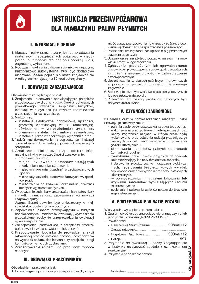 DB034 INSTRUKCJA PRZECIWPOŻAROWA DLA MAGAZYNU PALIW PŁYNNYCH, PN - PŁYTA PCV 1MM; (245X350MM)