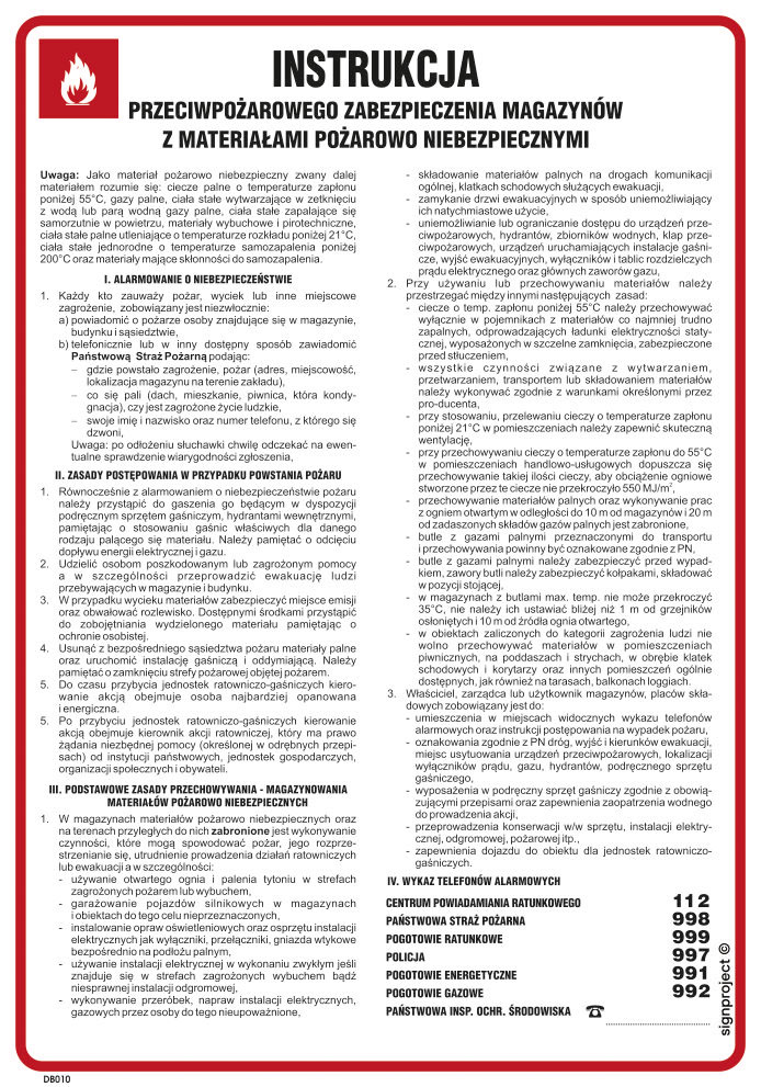 DB010 INSTRUKCJA PRZECIWPOŻAROWEGO ZABEZPIECZENIA MAGAZYNÓW Z MATERIAŁAMI POŻAROWO NIEBEZPIECZNYMI, FN - FOLIA SAMOPRZYLEPNA; (245X350MM)