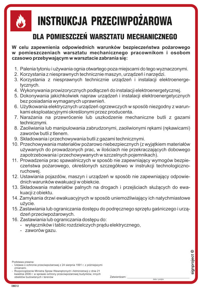 DB012 INSTRUKCJA PRZECIWPOŻAROWA DLA POMIESZCZEŃ WARSZTATU MECHANICZNEGO, HN - PŁYTA ELASTYCZNA 0,4MM; (245X350MM)