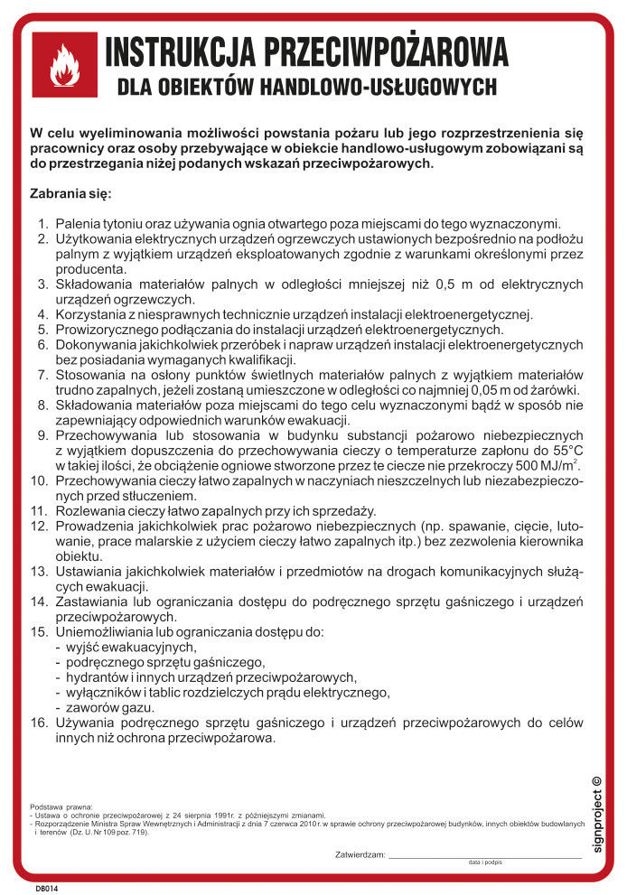 DB014 INSTRUKCJA PRZECIWPOŻAROWA DLA OBIEKTÓW HANDLOWO-USŁUGOWYCH, FN - FOLIA SAMOPRZYLEPNA; (245X350MM)