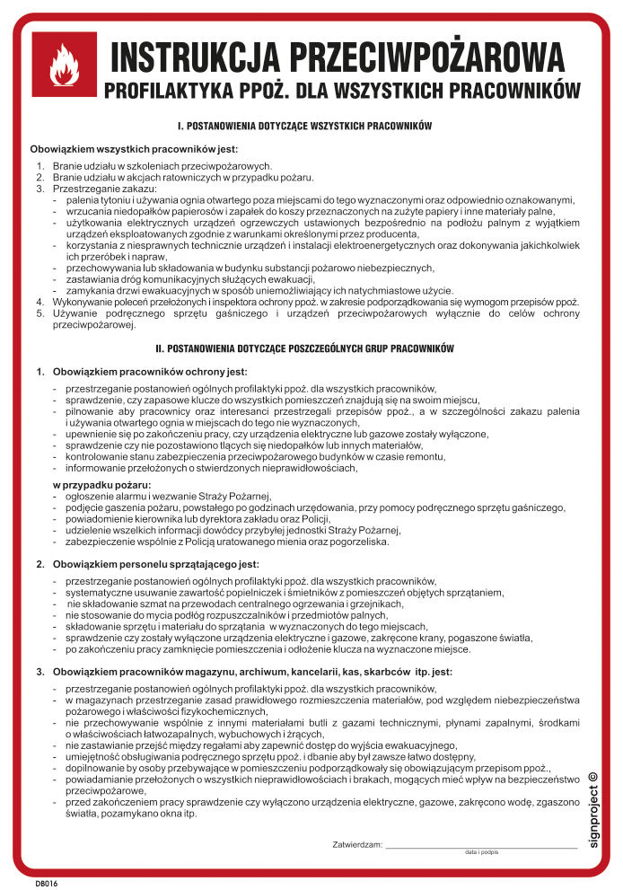 DB016 INSTRUKCJA PRZECIWPOŻAROWA - PROFILAKTYKA PPOŻ, DLA WSZYSTKICH PRACOWNIKÓW, FN - FOLIA SAMOPRZYLEPNA; (245X350MM)