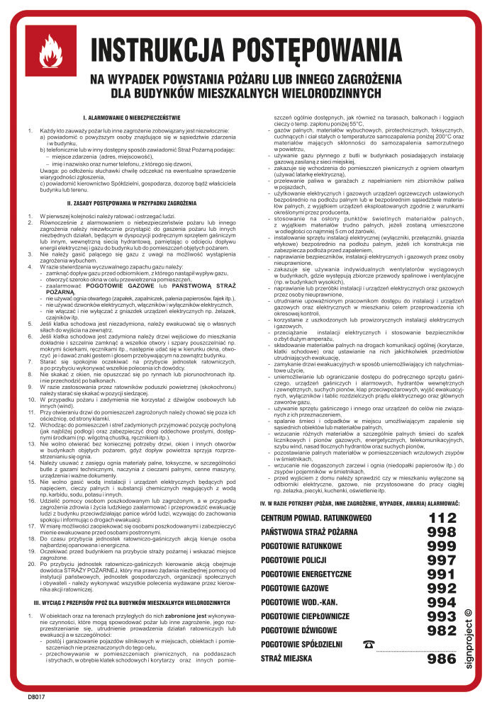 DB017 INSTRUKCJA POSTĘPOWANIA NA WYPADEK POWST. POŻARU LUB INNEGO ZAGROŻENIA DLA BUDYNKÓW MIESZKALNYCH WIE, HN - PŁYTA ELASTYCZNA 0,4MM; (245X350MM)