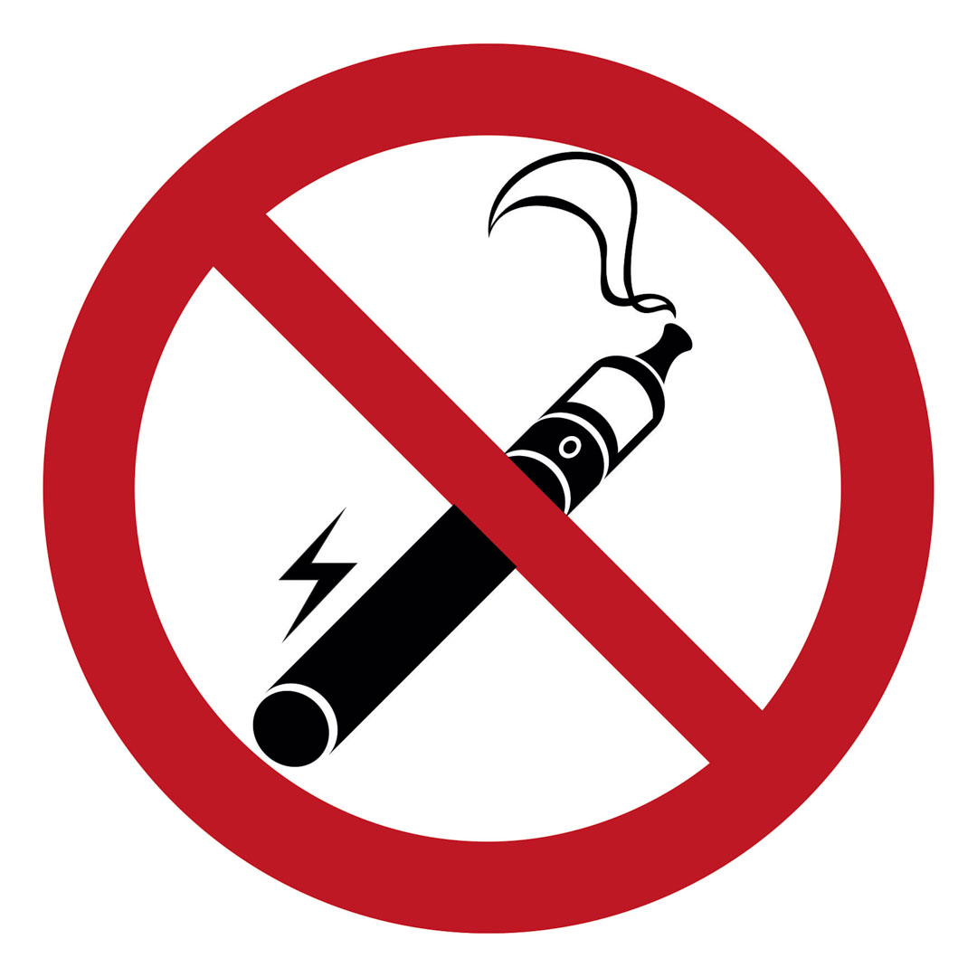 GB057 ZAKAZ PALENIA PAPIEROSÓW ELEKTRONICZNYCH - ARKUSZ 12 NAKLEJEK, FN - FOLIA SAMOPRZYLEPNA; (50X50MM)