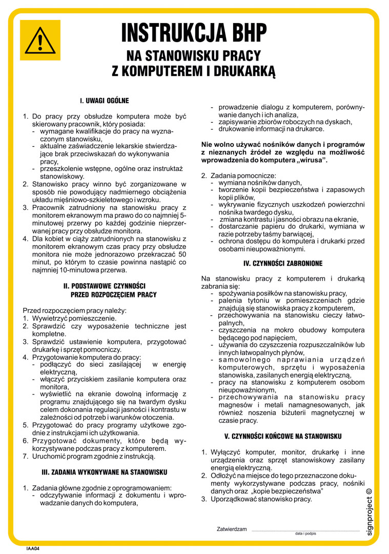 IAA05 INSTRUKCJA POSTĘPOWANIA NA STANOWISKU PRACY Z KOMPUTEREM I DRUKARKĄ, HN - PŁYTA ELASTYCZNA 0,4MM; (245X350MM)