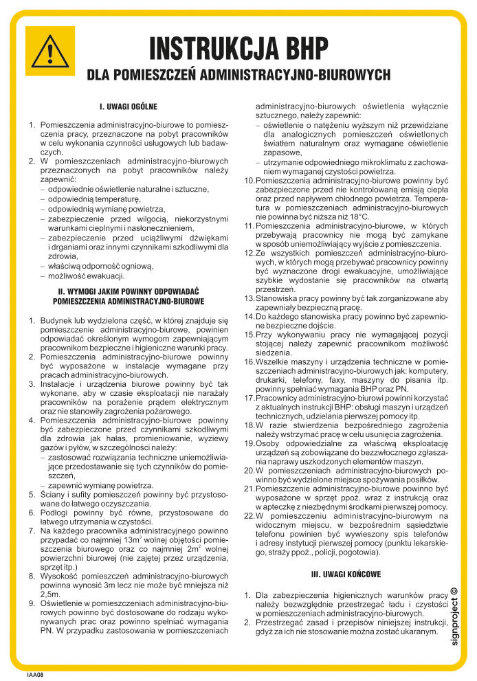 IAA08 OGÓLNA INSTRUKCJA BHP DLA POMIESZCZEŃ ADMINISTRACYJNO-BIUROWYCH, FN - FOLIA SAMOPRZYLEPNA; (245X350MM)