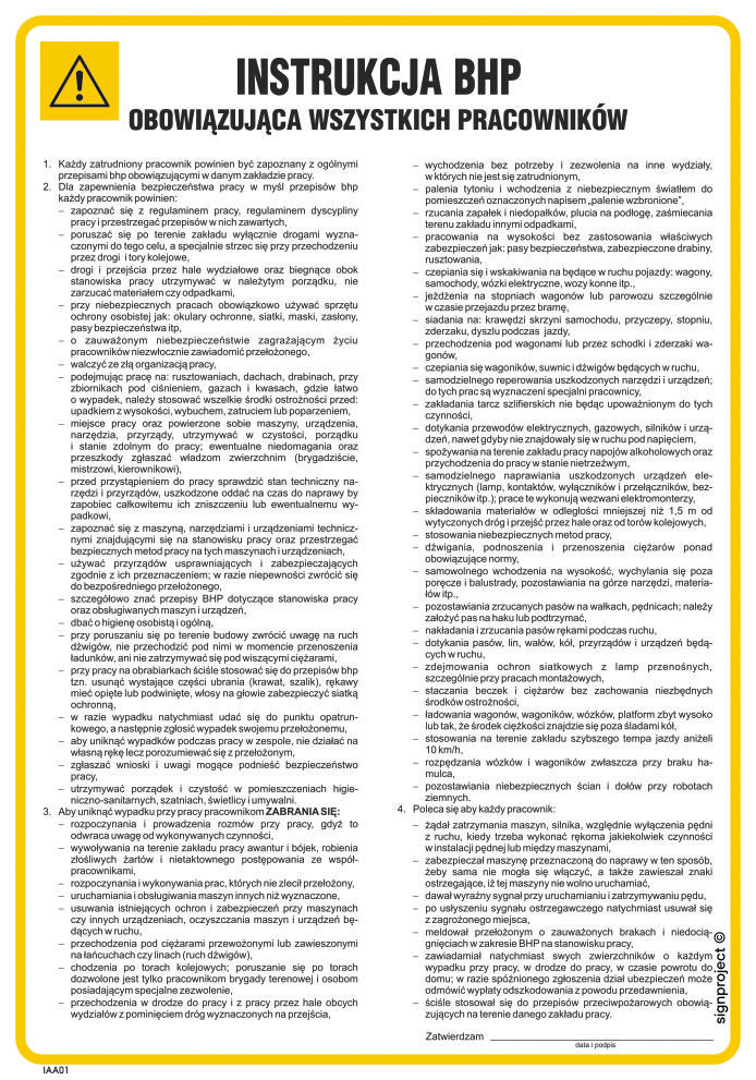 IAA01 INSTRUKCJA OGÓLNA BHP OBOWIĄZUJĄCA WSZYSTKICH PRACOWNIKÓW, HN - PŁYTA ELASTYCZNA 0,4MM; (245X350MM)
