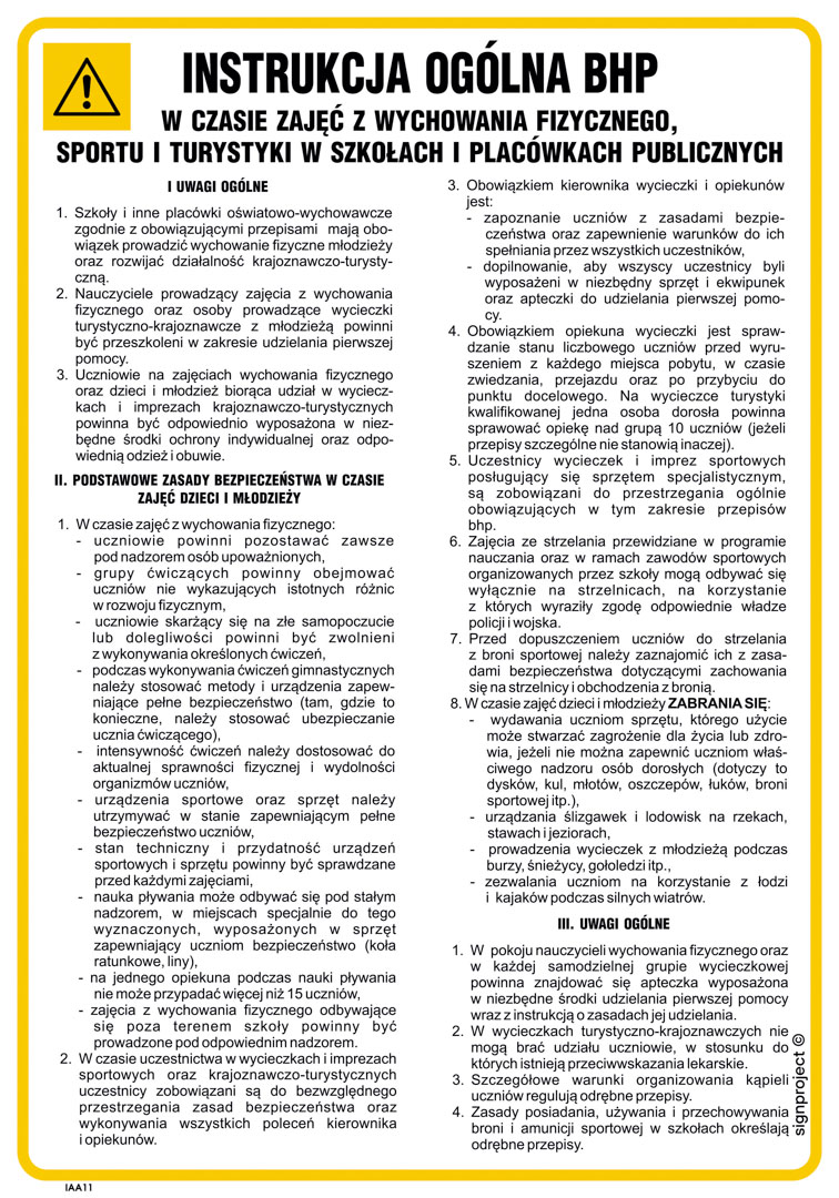 IAA11 INSTRUKCJA OGÓLNA BHP W CZASIE ZAJĘĆ WYCHOWANIA FIZYCZNEGO, FN - FOLIA SAMOPRZYLEPNA; (245X350MM)