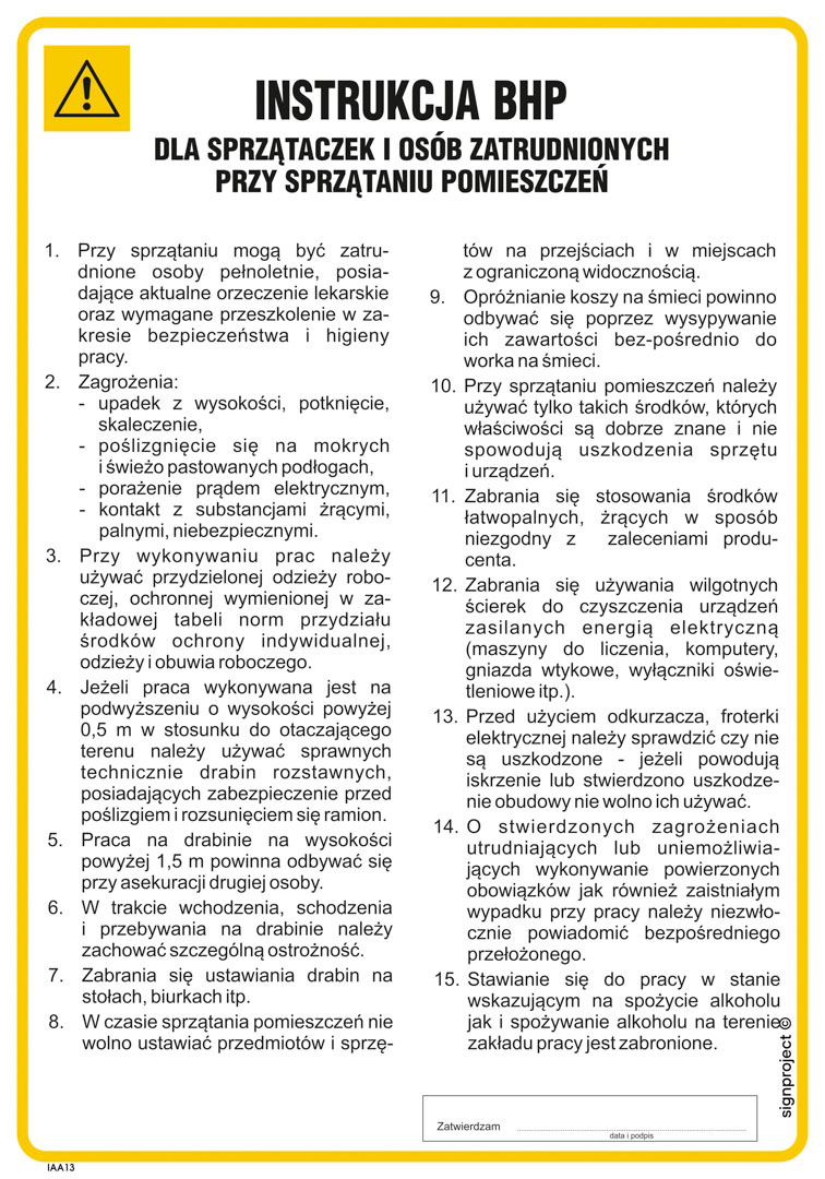 IAA13 INSTRUKCJA BHP DLA SPRZĄTACZEK I OSÓB ZATRUDNIONYCH PRZY SPRZĄTANIU, PN - PŁYTA PCV 1MM; (245X350MM)