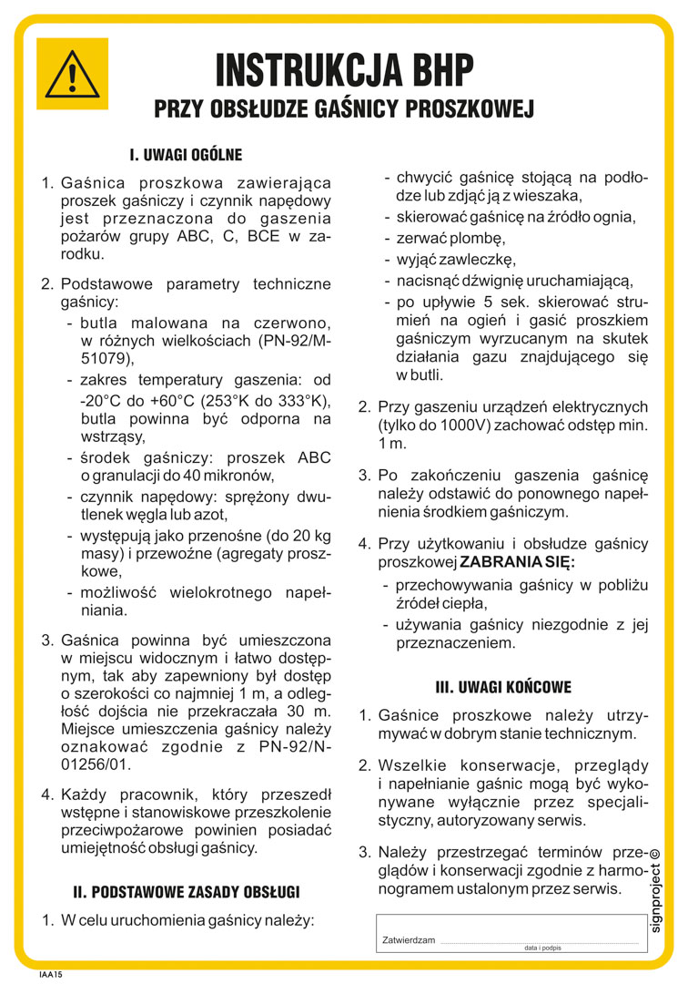 IAA15 INSTRUKCJA BHP PRZY OBSŁUDZE GAŚNICY PROSZKOWEJ, FN - FOLIA SAMOPRZYLEPNA; (245X350MM)