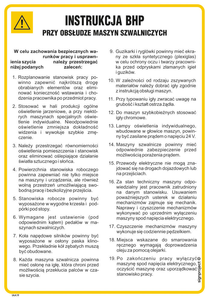 IAA19 INSTRUKCJA BHP PRZY OBSŁUDZE MASZYN SZWALNICZYCH, FN - FOLIA SAMOPRZYLEPNA; (245X350MM)