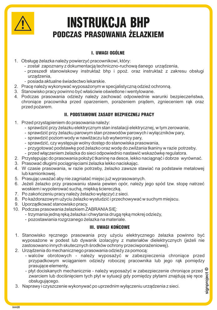 IAA20 INSTRUKCJA BHP PODCZAS PRASOWANIA ŻELAZKIEM, FN - FOLIA SAMOPRZYLEPNA; (245X350MM)