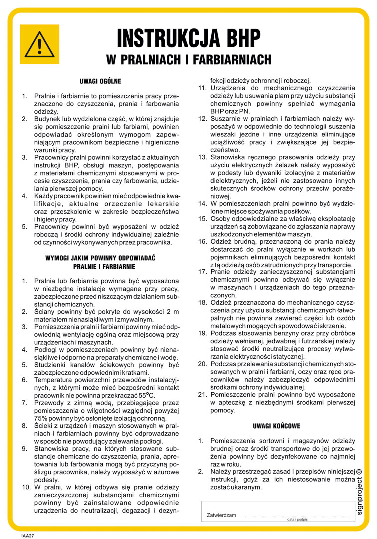 IAA27 INSTRUKCJA BHP W PRALNIACH I FARBIARNIACH, HN - PŁYTA ELASTYCZNA 0,4MM; (245X350MM)