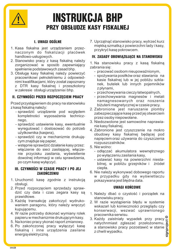IAA28 INSTRUKCJA BHP PRZY OBSŁUDZE KASY FISKALNEJ, FN - FOLIA SAMOPRZYLEPNA; (245X350MM)