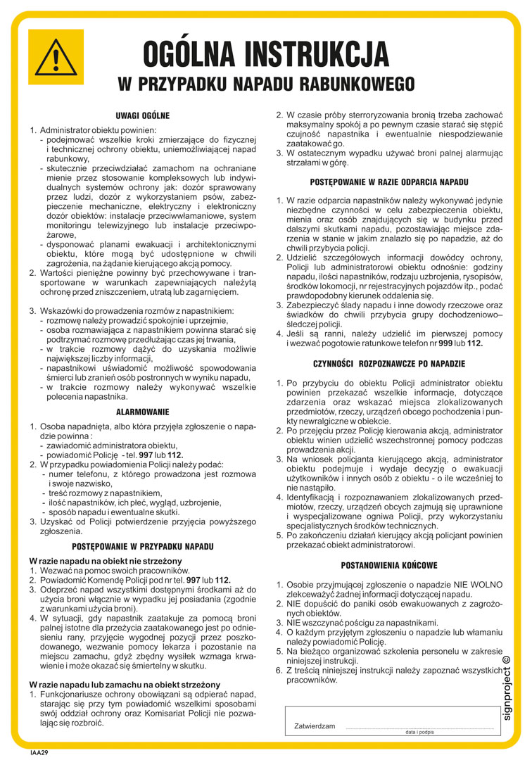IAA29 OGÓLNA INSTRUKCJA W PRZYPADKU NAPADU RABUNKOWEGO, FN - FOLIA SAMOPRZYLEPNA; (245X350MM)