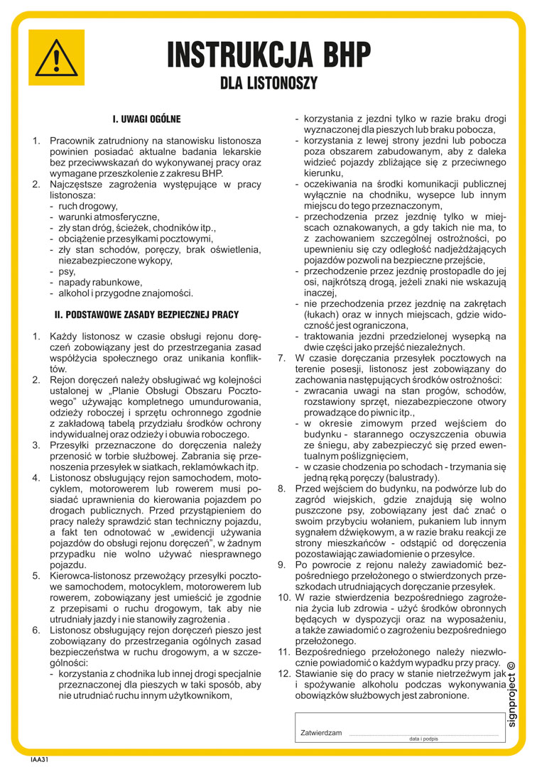 IAA31 INSTRUKCJA BHP DLA LISTONOSZA, PN - PŁYTA PCV 1MM; (245X350MM)