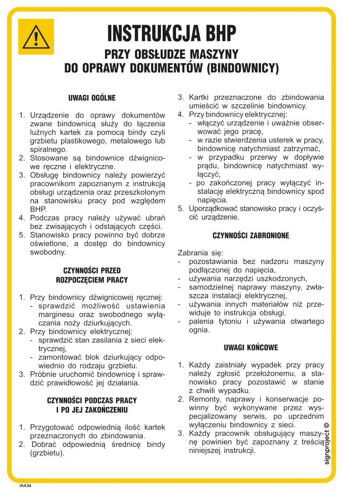IAA34 INSTRUKCJA BHP PRZY OBSŁUDZE MASZYNY DO OPRAWY DOKUMENTÓW, FN - FOLIA SAMOPRZYLEPNA; (245X350MM)