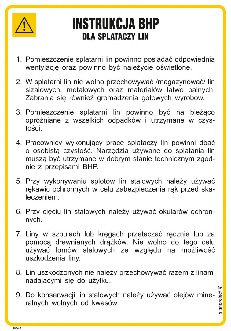 IAA32 INSTRUKCJA BHP DLA SPLATACZY LIN, PN - PŁYTA PCV 1MM; (245X350MM)