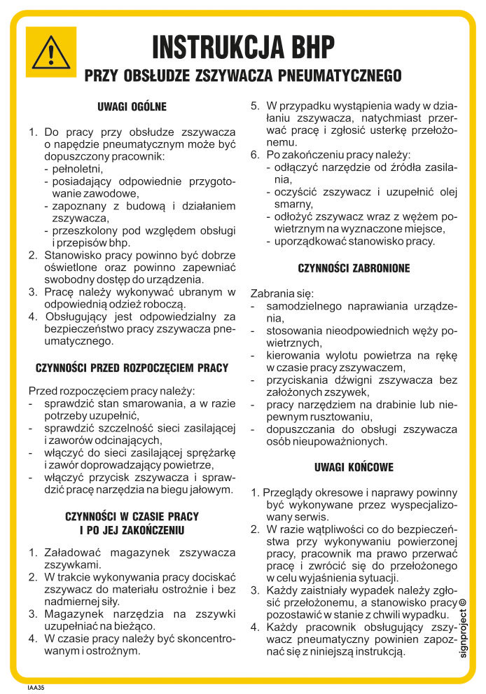 IAA35 INSTRUKCJA BHP PRZY OBSŁUDZE ZSZYWACZA PNEUMATYCZNEGO, FN - FOLIA SAMOPRZYLEPNA; (245X350MM)