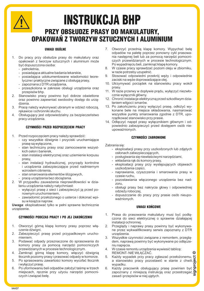 IAA37 INSTRUKCJA BHP PRZY OBSŁUDZE PRASY DO MAKULATURY, HN - PŁYTA ELASTYCZNA 0,4MM; (245X350MM)