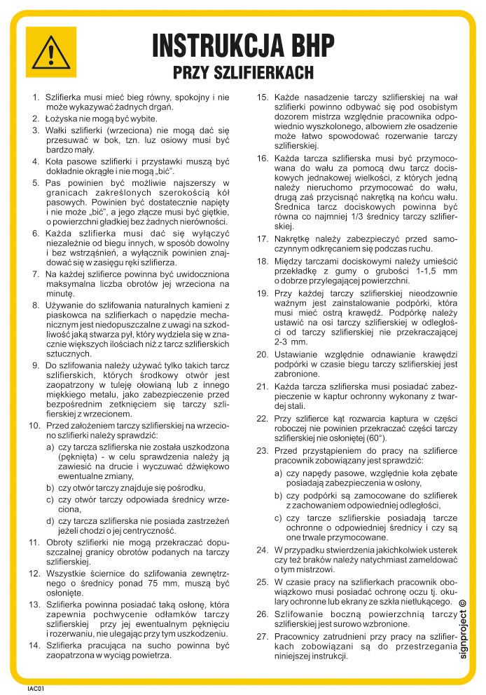 IAC01 INSTRUKCJA BHP PRZY SZLIFIERKACH, HN - PŁYTA ELASTYCZNA 0,4MM; (245X350MM)