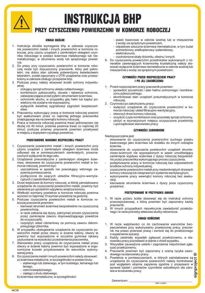 IAC35 INSTRUKCJA BHP PRZY CZYSZCZENIU POWIERZCHNI W KOMORZE ROBOCZEJ, PN - PŁYTA PCV 1MM; (245X350MM)
